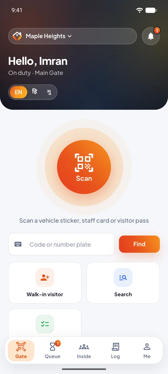 UrbanGate guard app home screen with scan, visitors and alarms