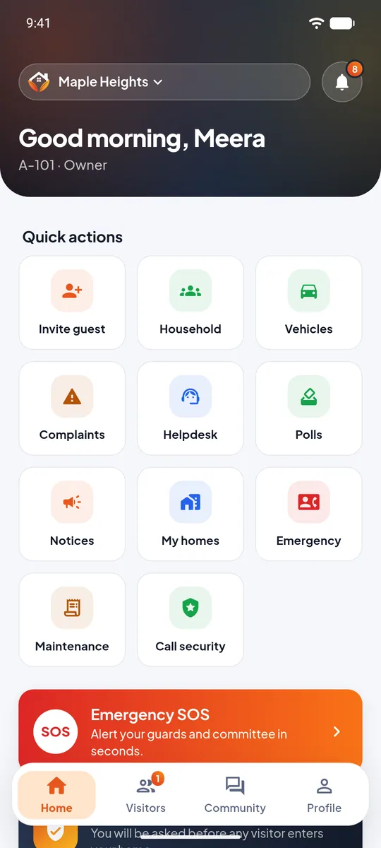 Resident app home screen with notices, dues, visitors and SOS