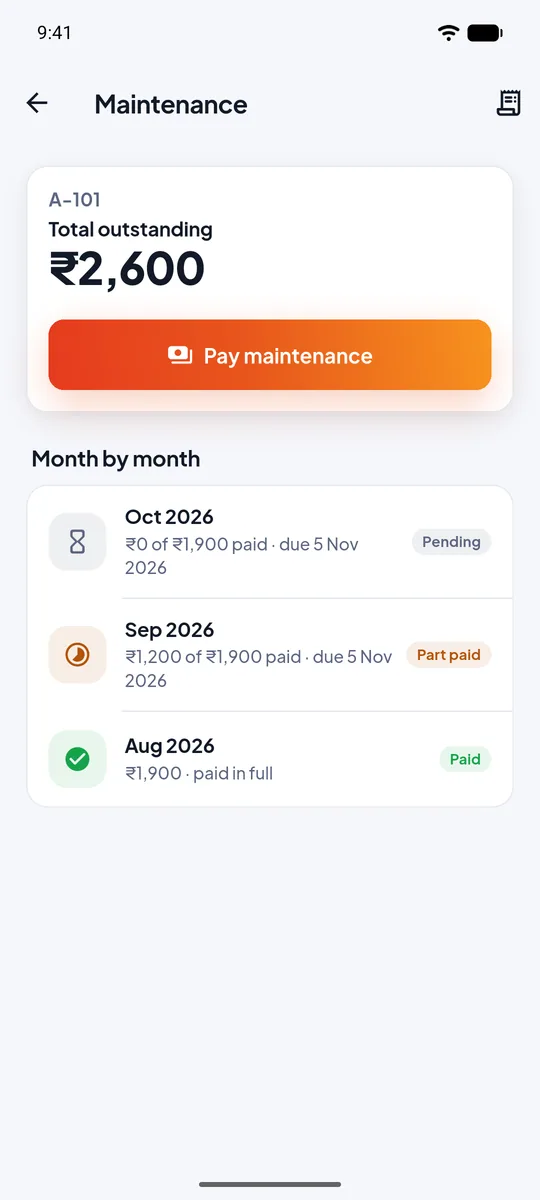Maintenance dues screen in the resident app showing months billed and the amount due