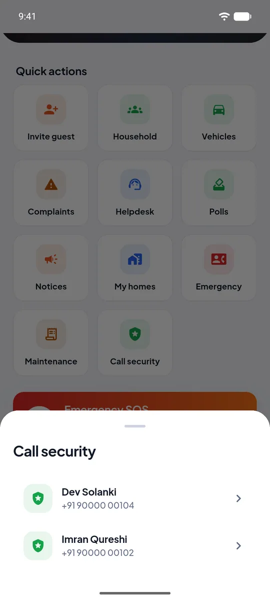 Call security screen listing the society's guards with call buttons