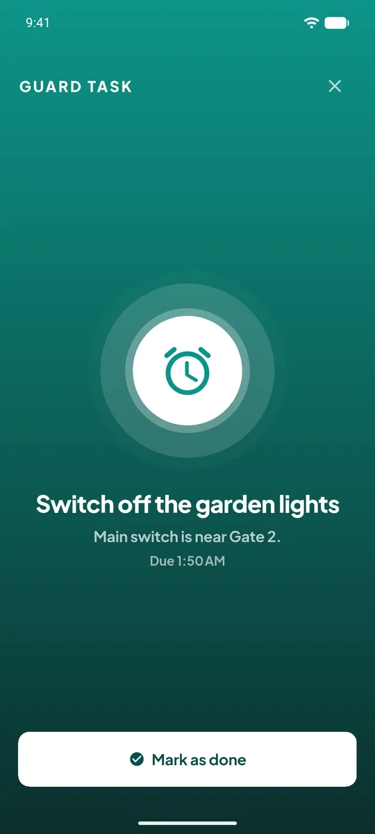 Guard task alarm screen showing a timed task with a Done button