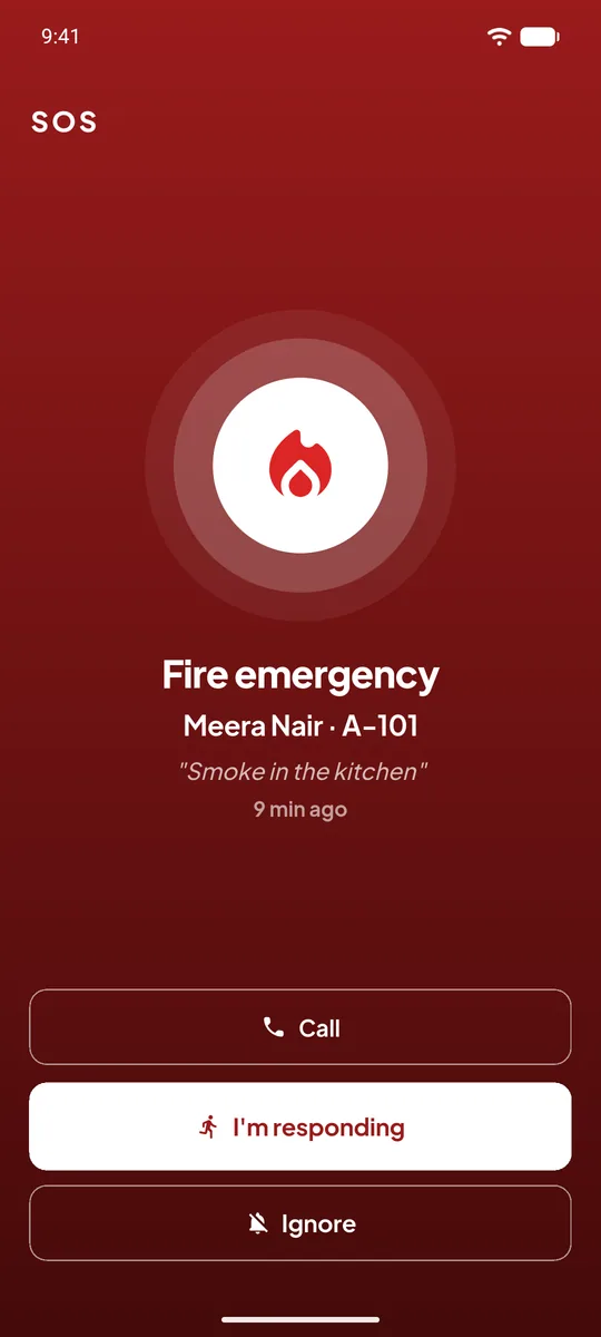 SOS alarm screen on a guard's phone showing the emergency type, the flat and a respond button
