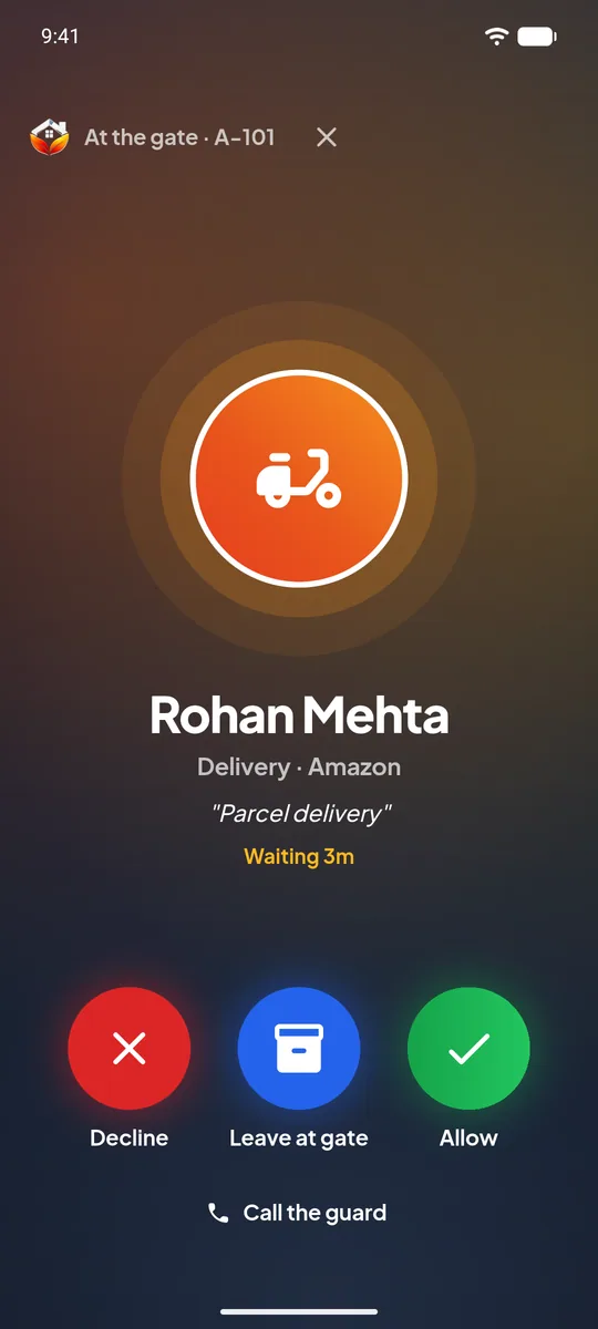 Visitor request screen on a resident's phone with Decline, Leave at gate and Allow buttons